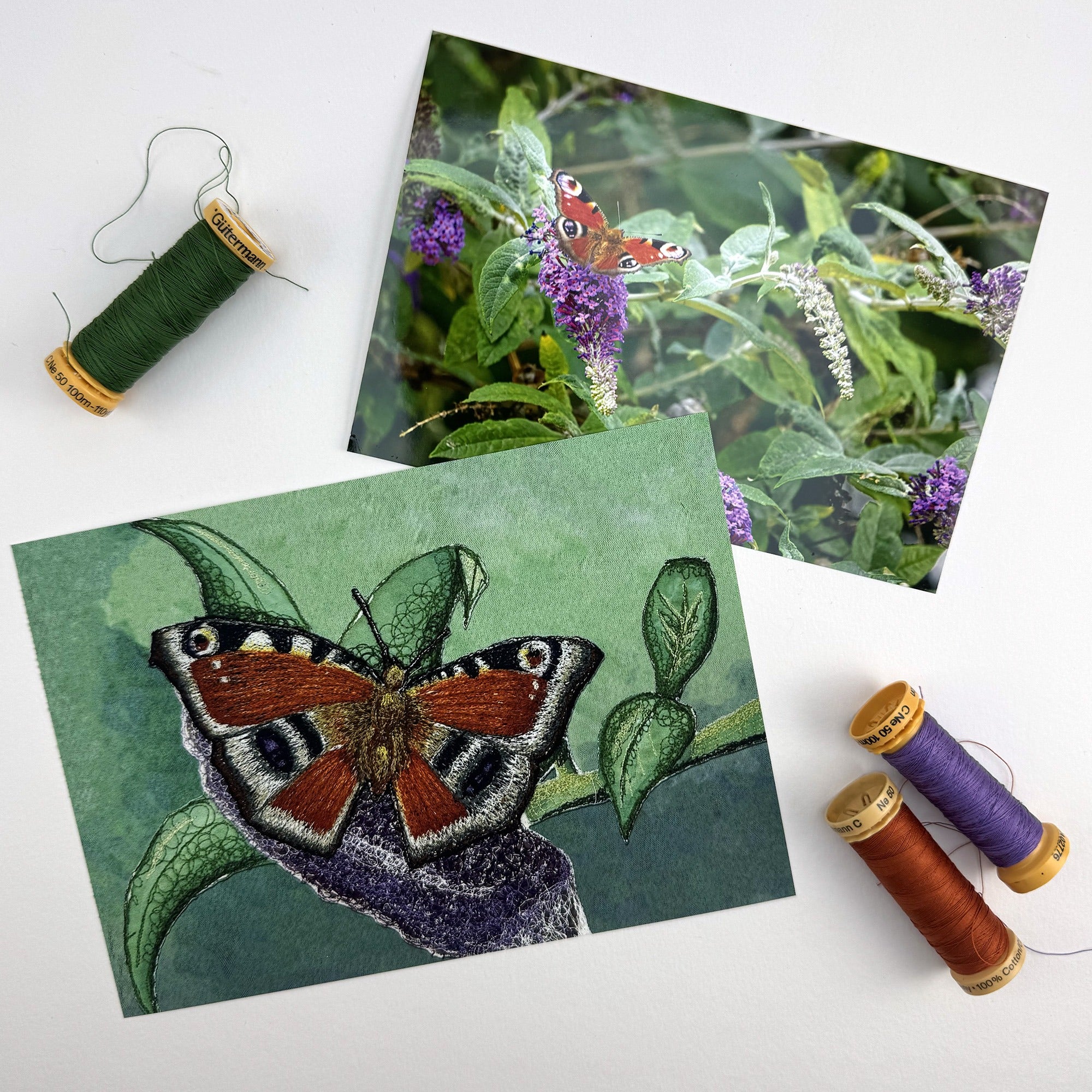 Peacock Butterfly Embroidery Print - "Protection" image 1