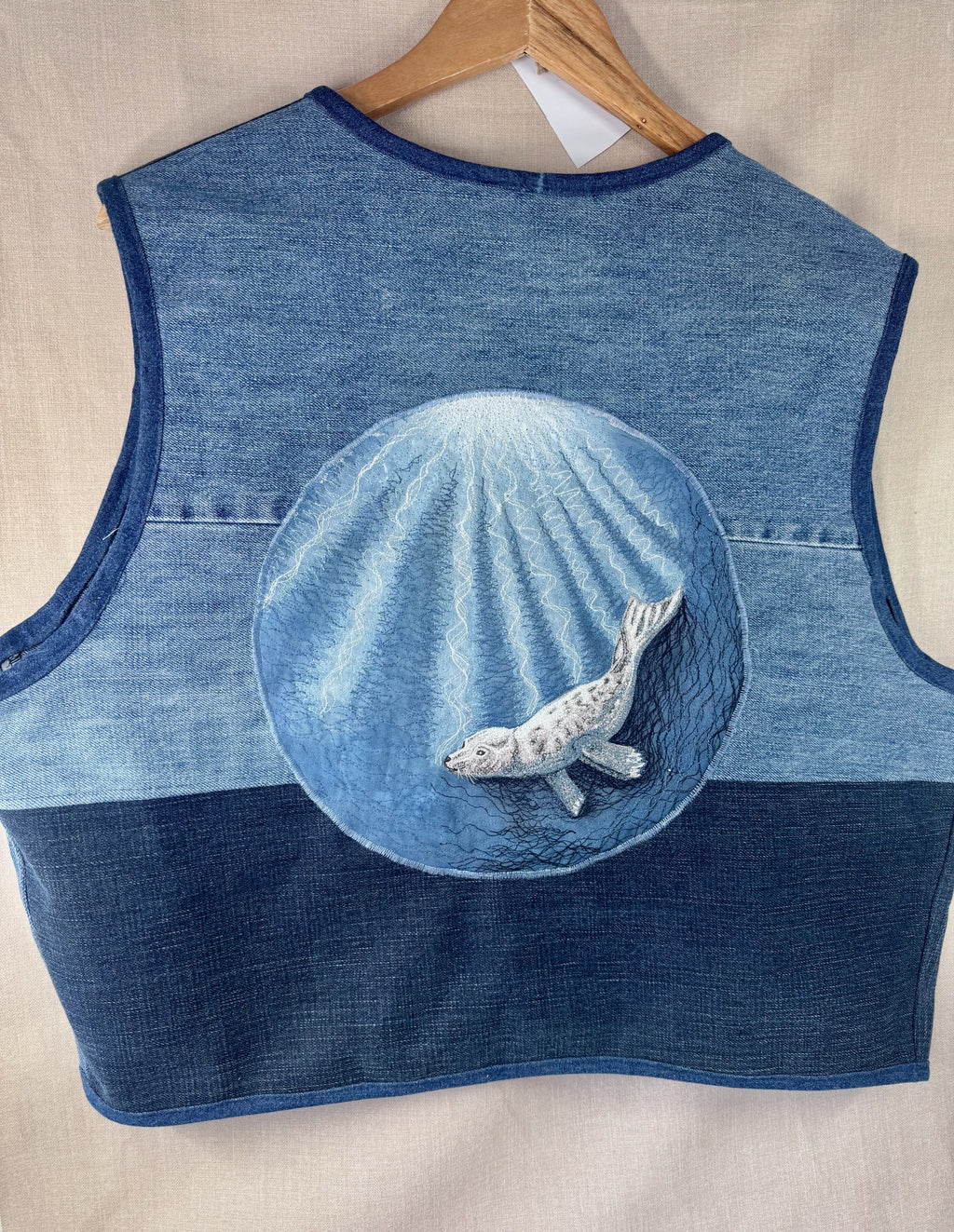 Selkie “Seal – Freedom” Wearable Art – Upcycled oversized denim Gilet image 1