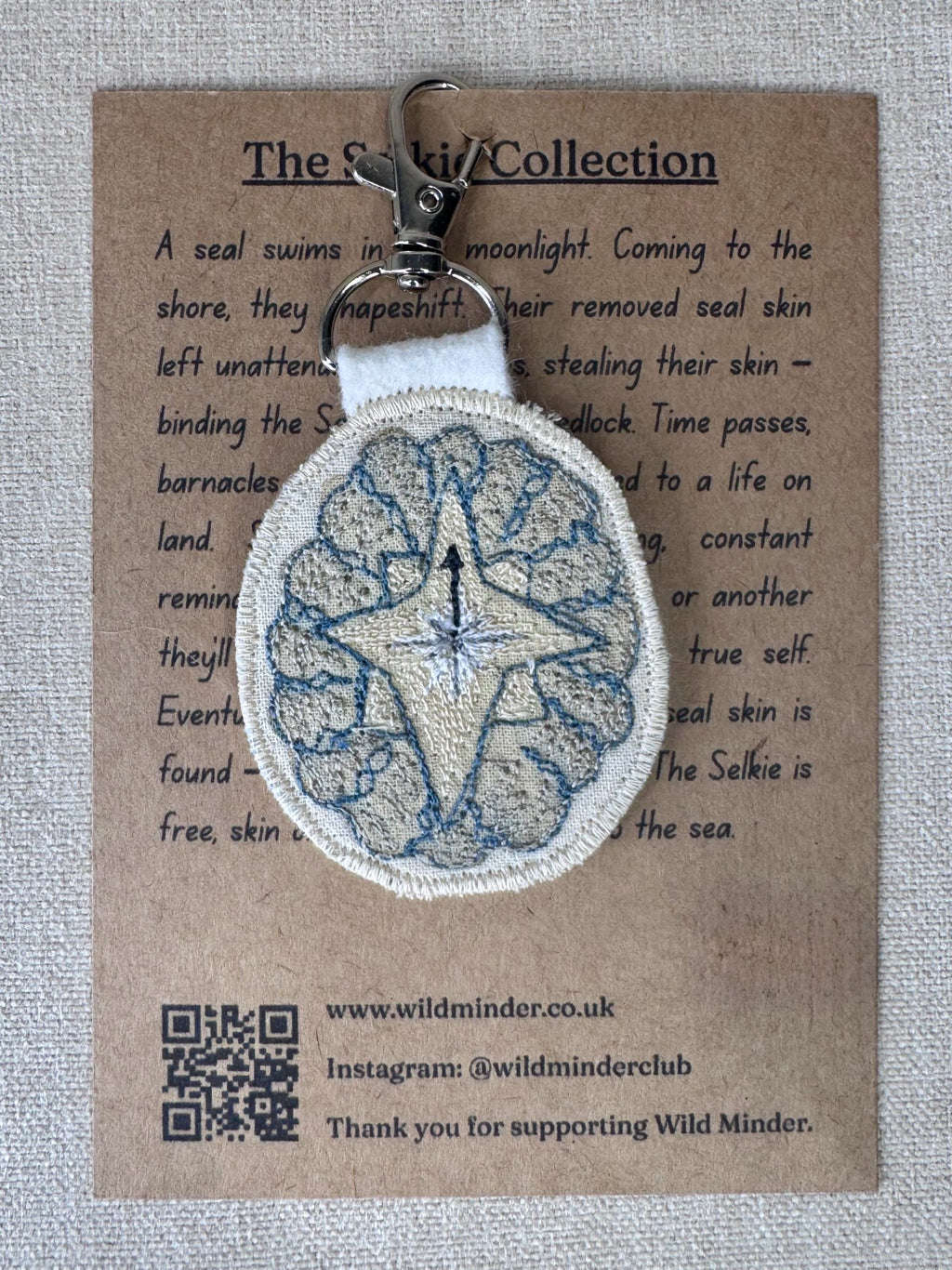 Selkie “Searching - Compass Shell” Talisman – Free Motion Embroidered Patch / Bag Charm image 1