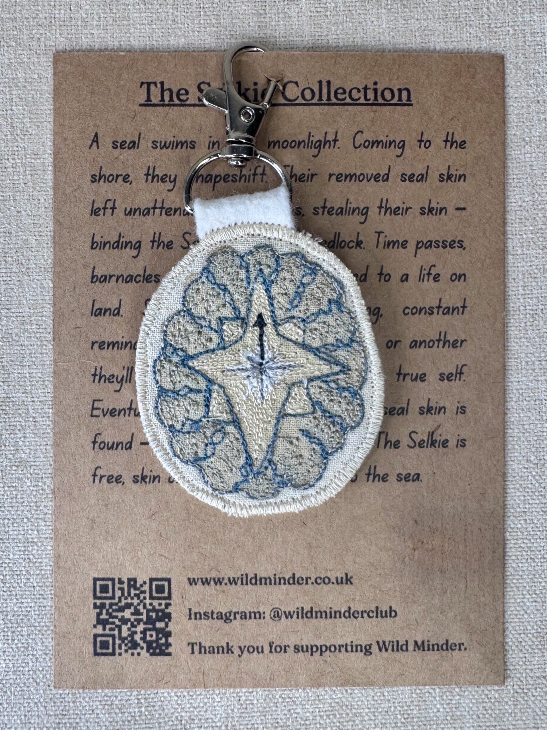 Selkie “Searching - Compass Shell” Talisman – Free Motion Embroidered Patch / Bag Charm image 1