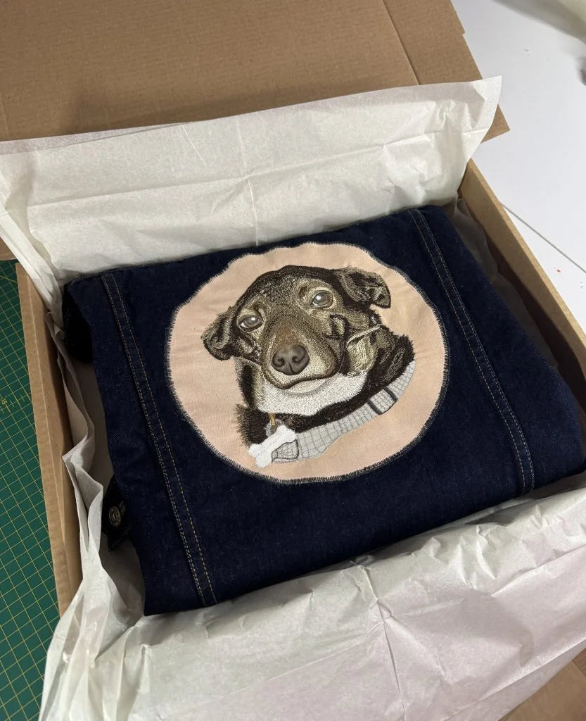 Custom Dog Portrait Commission — Free Motion Embroidered Pet Wearable Art