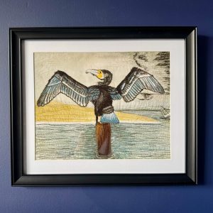 Cormorant Embroidered Art Print - "Defiance" Framed on navy Wall